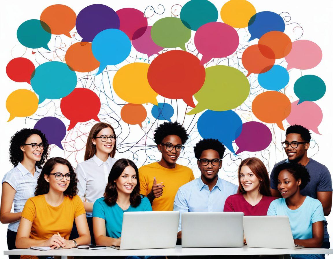 A vibrant digital collage depicting diverse individuals engaged in a lively online discussion, surrounded by colorful speech bubbles filled with creative ideas and blog icons. The scene highlights connection and collaboration, with elements like laptops, coffee cups, and notes scattered around. The background features a blend of inspiring imagery symbolizing creativity and knowledge sharing. super-realistic. vibrant colors. white background.