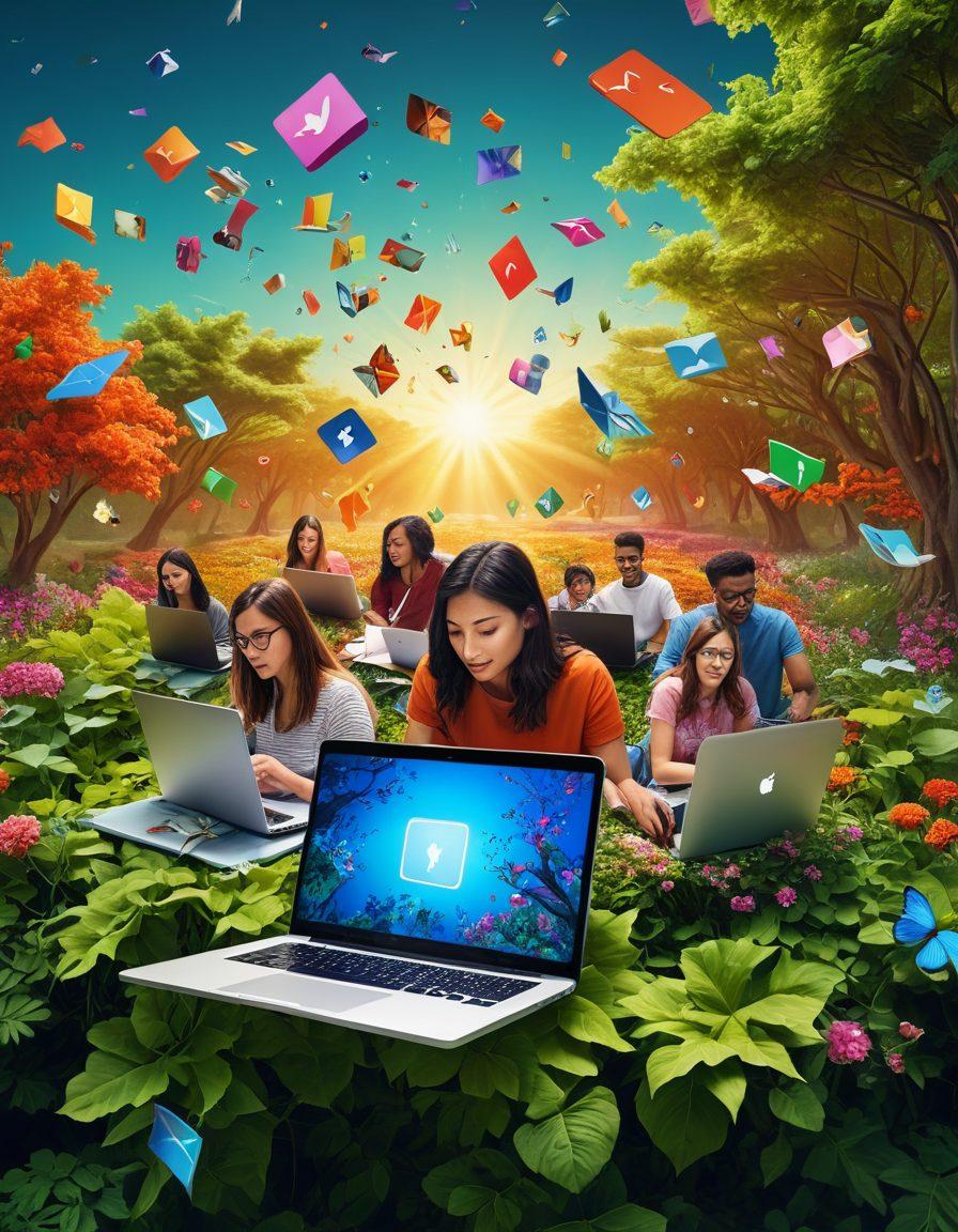 A dynamic collage showcasing diverse individuals engaged in online blogging and fostering community connections. Include vibrant colors, laptops, social media icons, and abstract representations of digital communication intertwined with nature elements. The scene should emphasize collaboration and creativity, invoking a sense of exploration and engagement. super-realistic. vibrant colors. 3D.