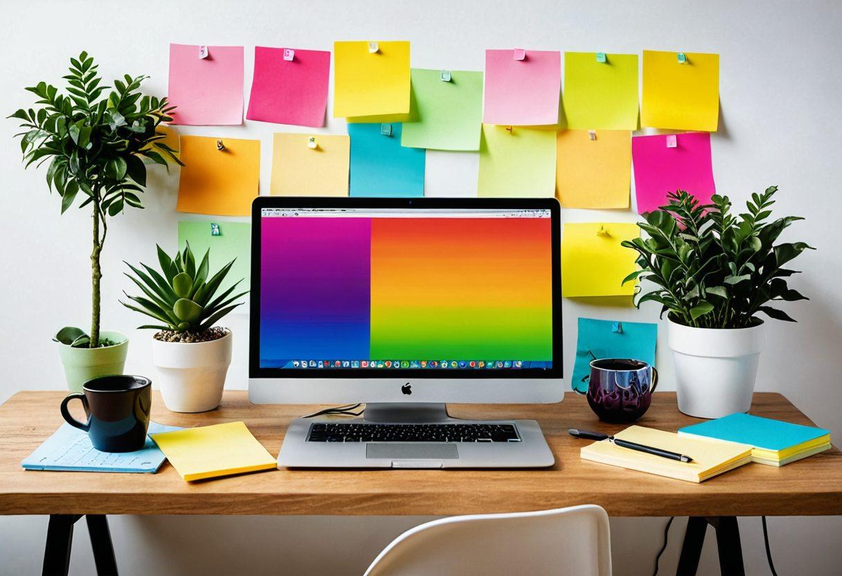 A vibrant workspace with a modern laptop displaying engaging content creation tools on the screen. Surrounding elements include colorful sticky notes, a plant, and a cup of coffee, all symbolizing creativity and productivity. The background features an abstract digital landscape, emphasizing the transformation of the digital presence. Bright and inviting colors to evoke enthusiasm and inspiration. super-realistic. vibrant colors. white background.